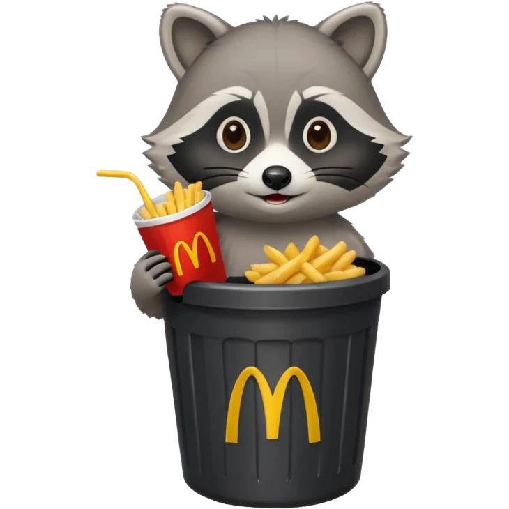 A cute raccoon eating McDonald's over a trash can emoji