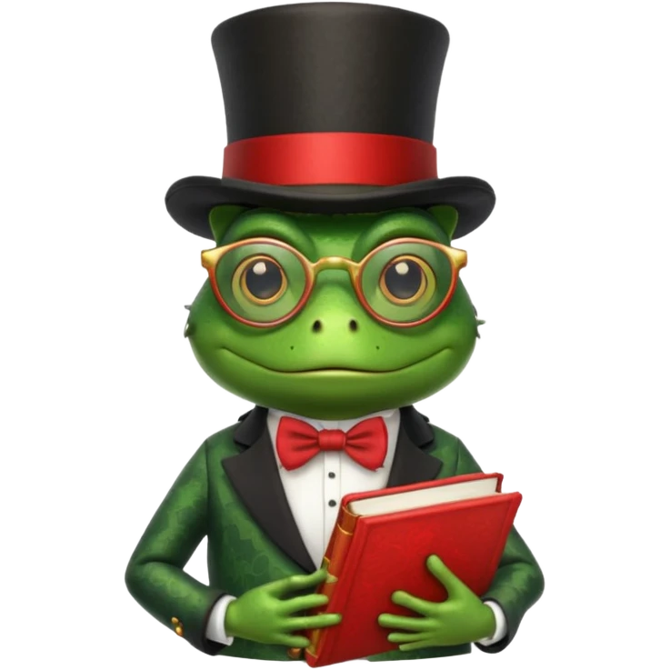frog wearing top hat with glasses and red book emoji