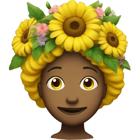 Yellow circular smiley face wearing flowers on head emoji