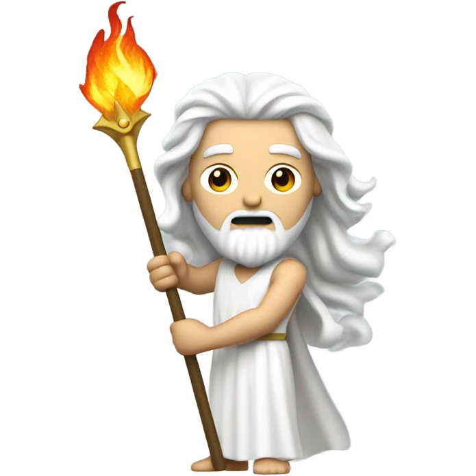 white man Poseidon with gold Trident. long white hair white dress.  with fire hose emoji