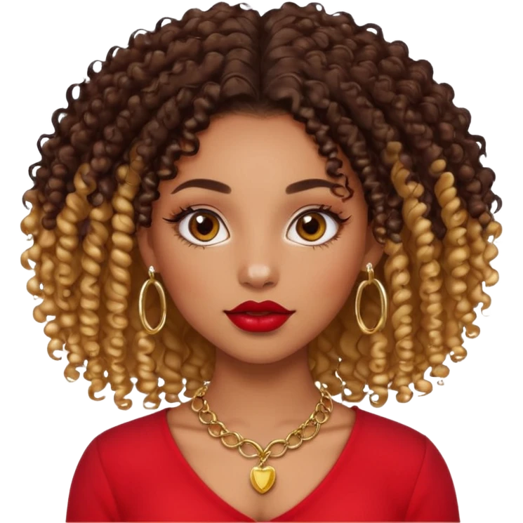 a light skinned black girl with 3b curly hair chocolate color eyelash extension ombre lips with gloss and red blouse gold nose ring piercing and gold septum piercing and gold necklace emoji