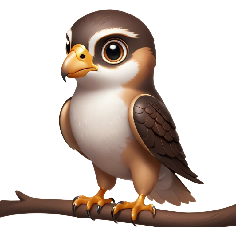 Cinematic Cute Falcon Portrait Emoji, Head tilted playfully and inquisitively, featuring a sleek, agile form with a delicately curved beak and round, sparkling eyes full of spirited charm, Simplified yet irresistibly adorable features, highly detailed, glowing with a warm, inviting glow, high shine, affectionate and lively, stylized with a touch of whimsical aerial grace, soft glowing outline, capturing the essence of a mischievous yet endearing falcon that seems as if it could dart out of the screen into your heart! emoji