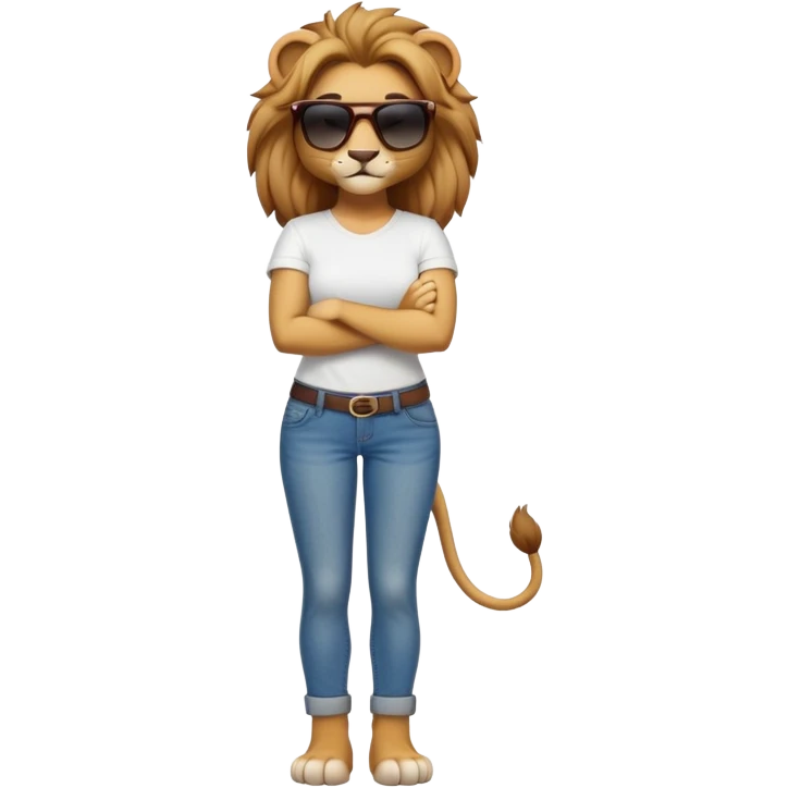 friendly anthropomorphised female lion character, full body, standing confidently with legs shoulder width apart and arms folded, wearing jeans, a white t-shirt, and dark sunglasses, with a confident smile emoji