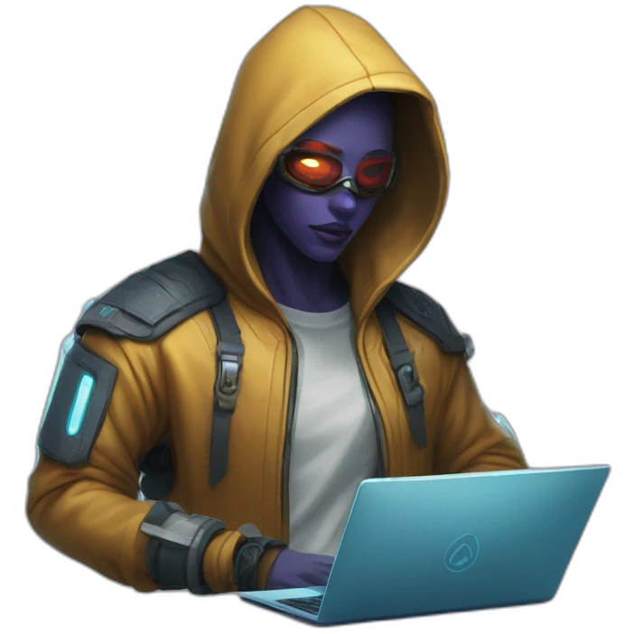 netrunner from cyberpunk with laptop in back hoodie and white skin emoji