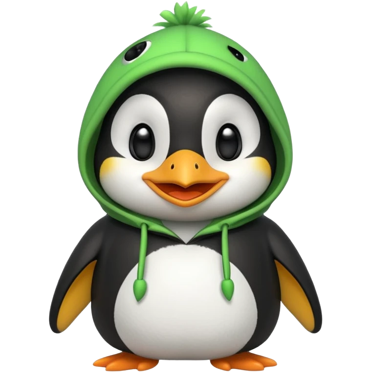 A cute penguin with a frog hoodie with a smile, smiley face in the middle emoji