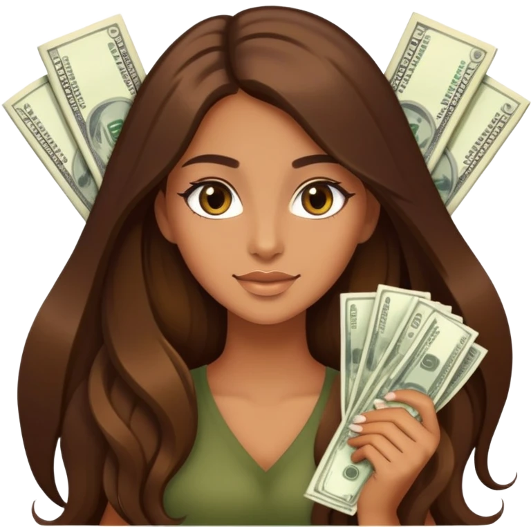 beautiful rich tanned girl with long brown hair holding lots of money emoji