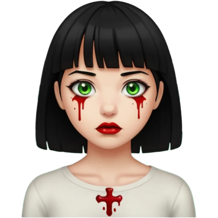Guria com cabelo preto franjinha sangrando olhos verdes  fundo preto e um piercing bridgepiercing emoji