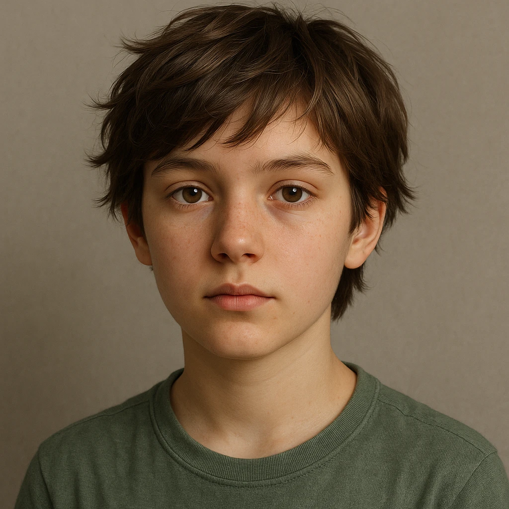 3D illustration of a young person with short tousled brown hair, light skin, neutral expression, realistic and detailed style, inspired by the reference image emoji