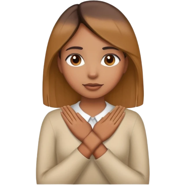 A brown girl with straight hair holding hands around her neck emoji