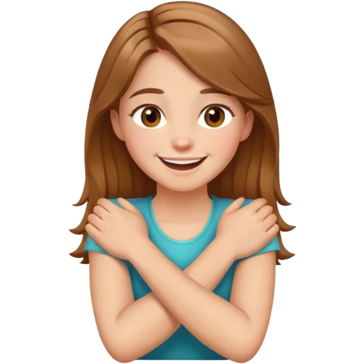 Arms crossed holding neck laughing light brown haired girl with hazel eyes  emoji