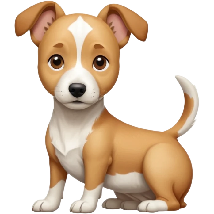 a full body facing front on of a buff white beagle cross jack russell terrier looking dog the size of a kelpie with light brown long ears resting on its face and a light brown patch above one eye and a large snout. the rest of the dog is completely white.  emoji