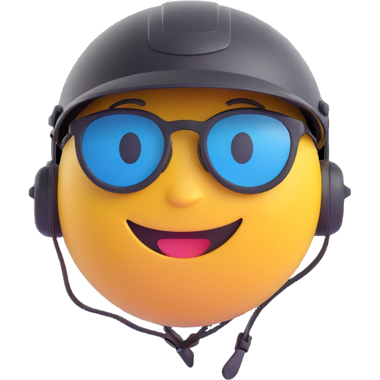 3D smiley emoji, round shape, motorcyclist with sunglasses: large black sunglasses, helmet, smiling face emoji