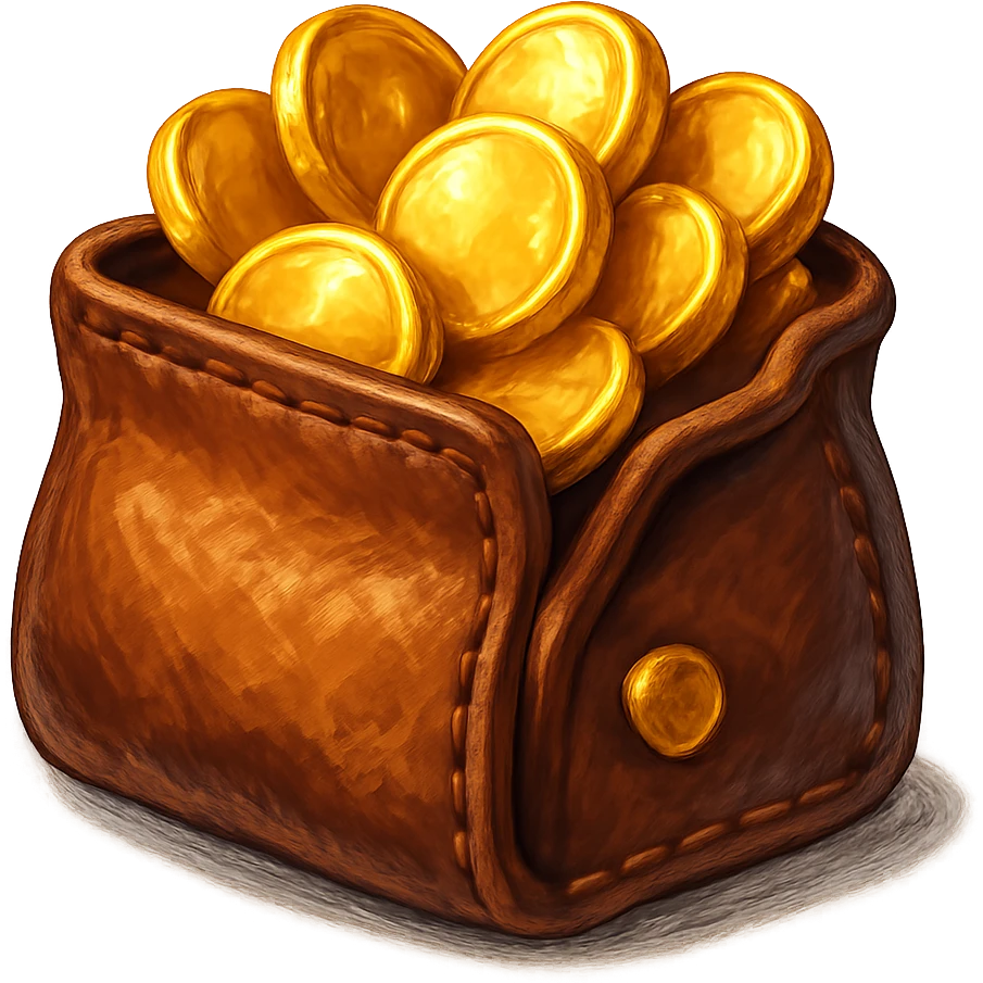 В cлегка рисованной, но при этом объемной и яркой стилистике сгенерируй картинку кожаного кошелька, из которого торчат фотореалистичные золотые монеты. Они должны выглядеть не как пластмассовые, а как настоящее золото. Прозрачный фон emoji