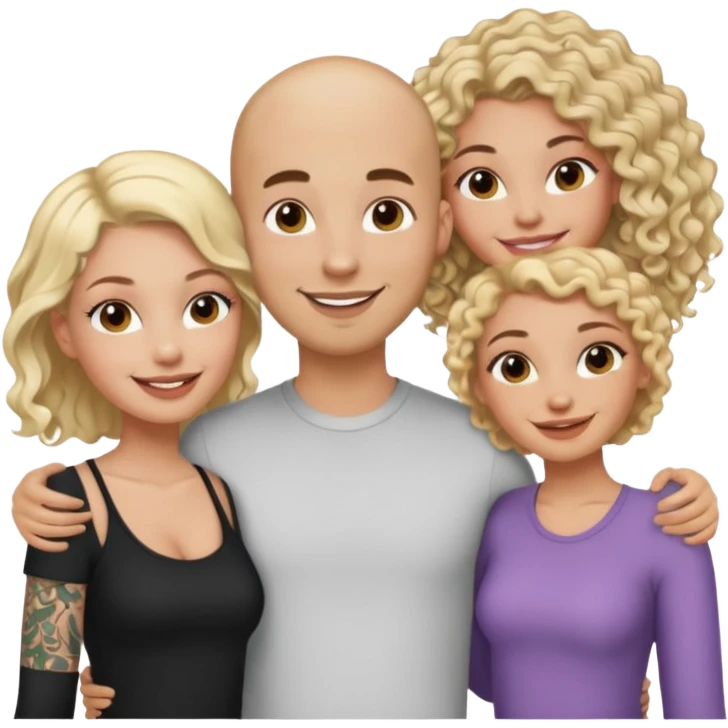 throuple tatted bald boyfriend with two girlfriends, one long blonde hair, other short curly brunette  emoji
