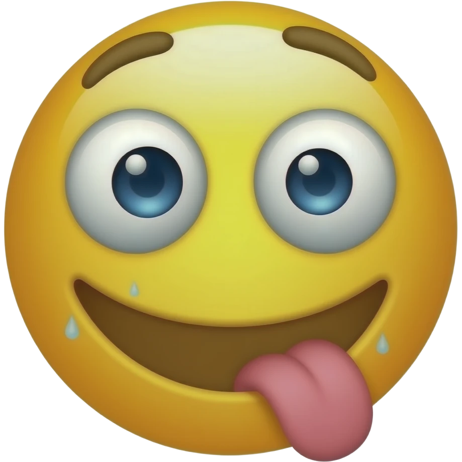 Yellow circular emoji with a silly derp expression. Eyes are mismatched and pointing in different directions (one large, one small). A long pink tongue is sticking out to the side. Hand-drawn anime style with thick outlines and tiny sweat drops to emphasize the goofiness emoji