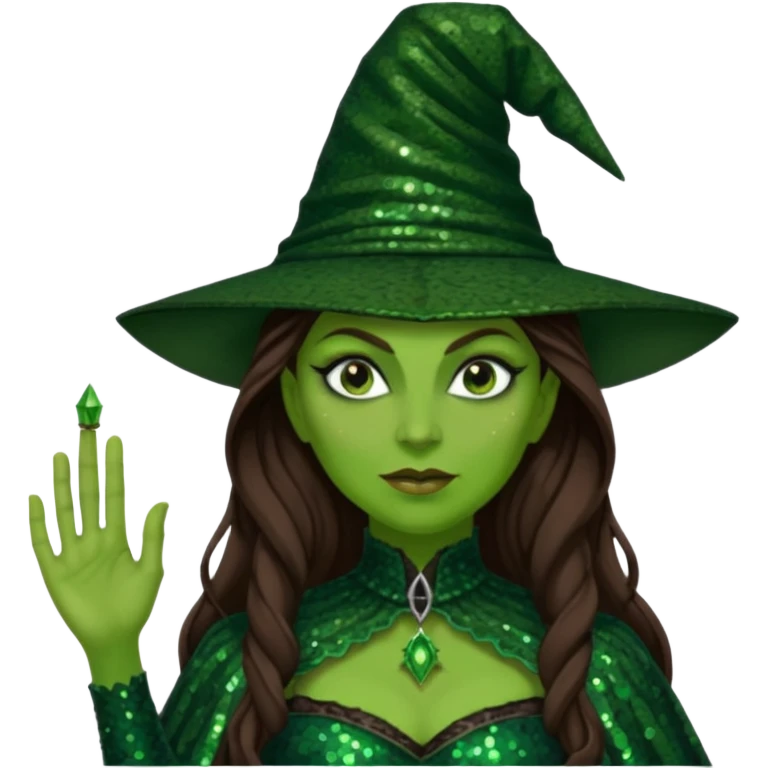 Elphaba, Wicked Witch of the West from The Wizard of Oz with long brown hair, dark green sequin outfit, green skin emoji