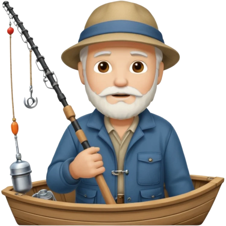an old white haired, bearded man in fisherman attire, sat in a boat at sea, holding a fishing rod and catching fish with it. emoji
