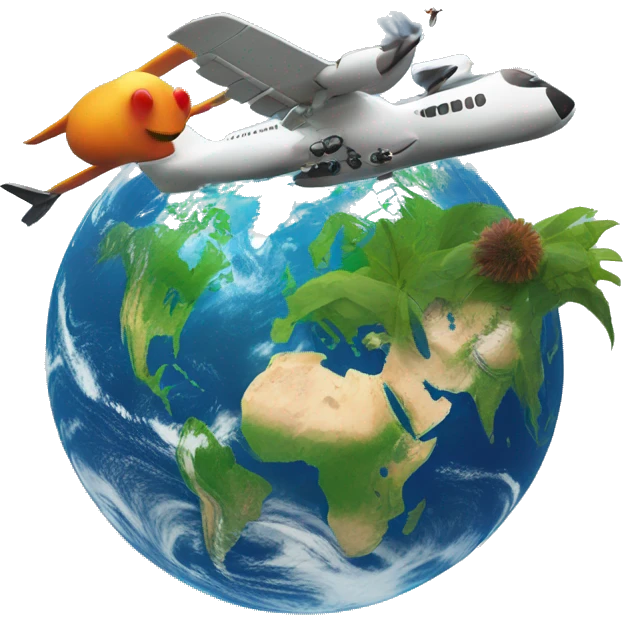 ecoturism represented with a plane flying in a thriving planet earth emoji