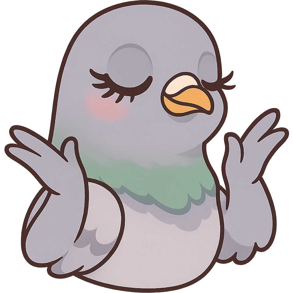 pigeon head with dramatic lashes and hands in a 'yasss' pose, playful style, cartoon style emoji