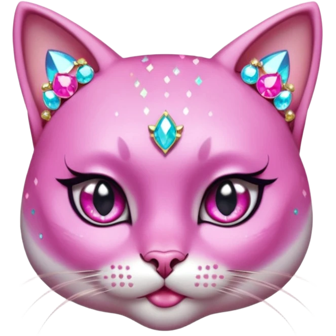 glamorous cat portrait, head and shoulders only, exaggerated pink makeup, bright eyeshadow, long eyelashes, shiny blush cheeks, sparkling face gems, glitter accents, elegant earrings, fantasy beauty style, cute 3D cartoon, mobile game icon style, clean background, no text, no watermark
 emoji