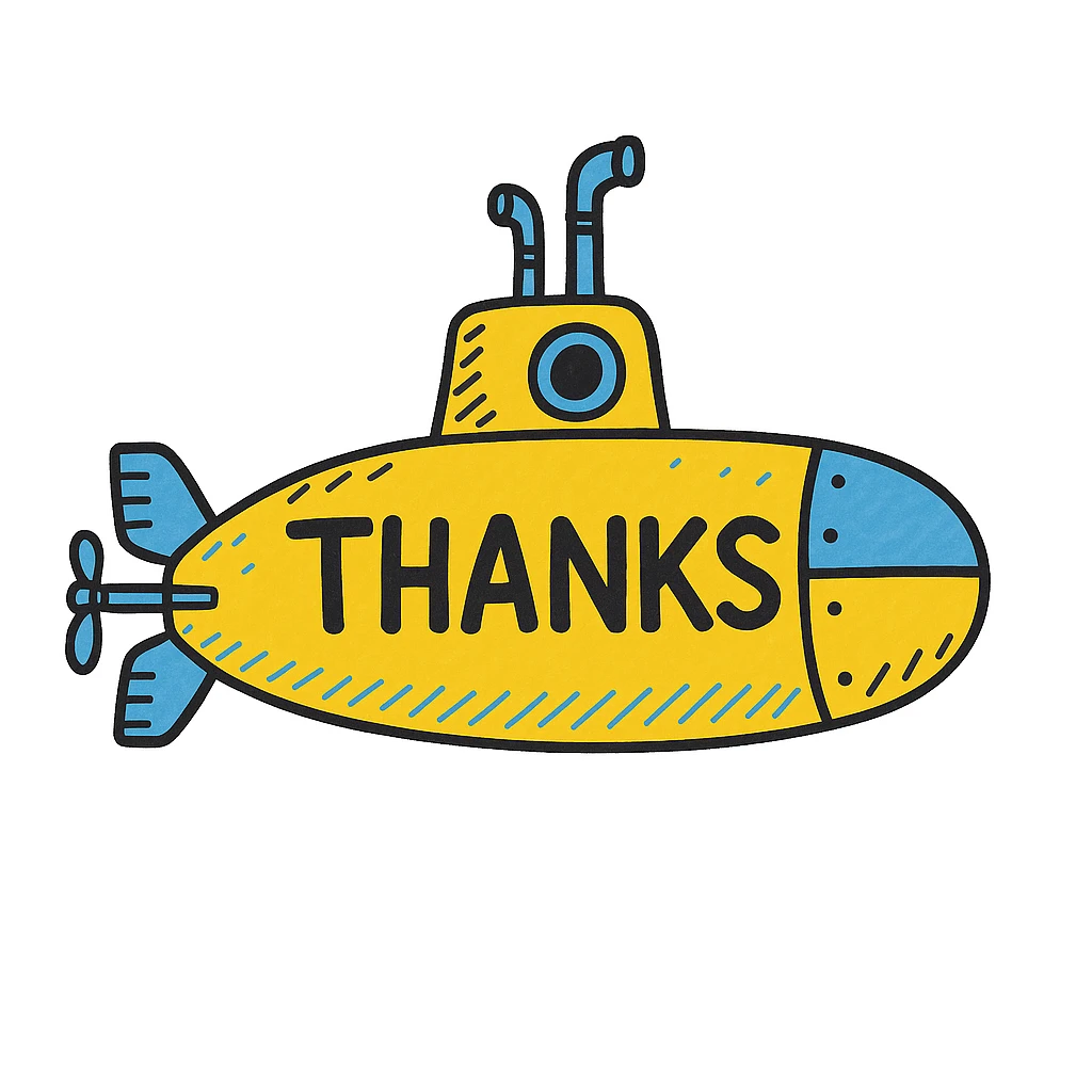 Add bright yellow and blue color to the classic submarine, keep the 'thanks' text, in a doodle style similar to hand drawn notion style doodles. emoji