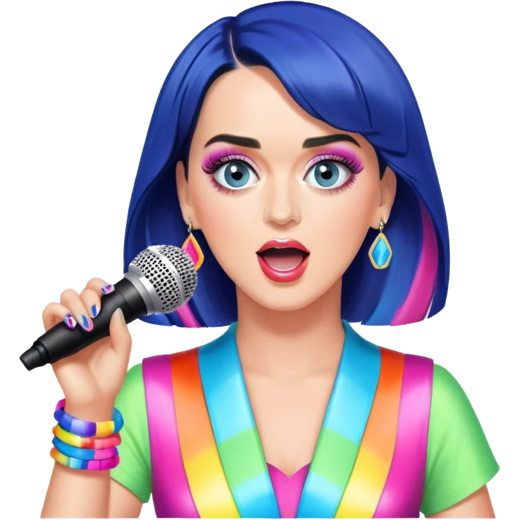 Katy Perry singing with a microphone, colorful stage lights, Lifetimes Tour emoji