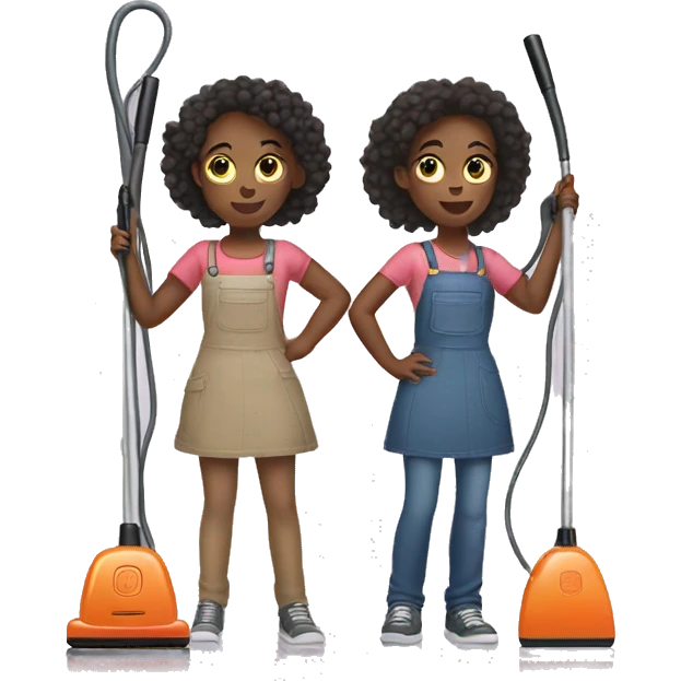 Two girls standing back to back holding vacuums  emoji