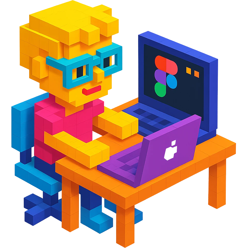 voxel style designer at desk with MacBook and Figma app open emoji