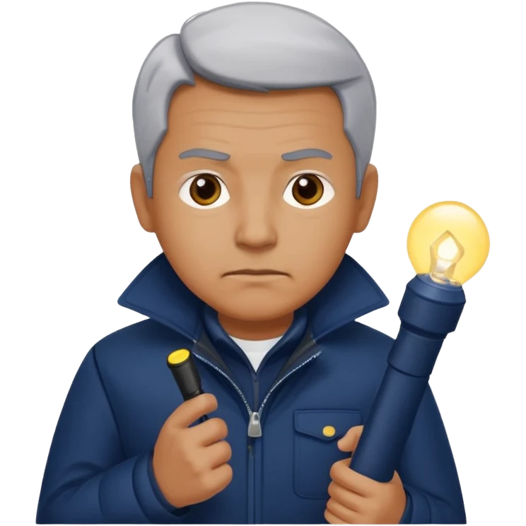 Security, Middle-aged, wearing navy blue jacket, serious facial expression, holding flashlight, full body emoji