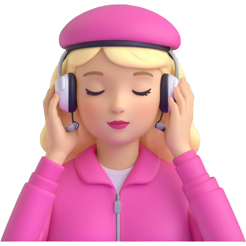 blonde American girl wearing a pink beret and AirPods Max headphones, listening to music with closed eyes emoji
