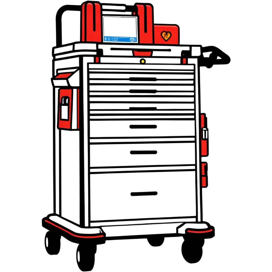 Singular Red medical crash cart is a mobile, multi-drawer unit designed to store and organize emergency medical supplies and equipment and a cardiac defibrillator on top emoji