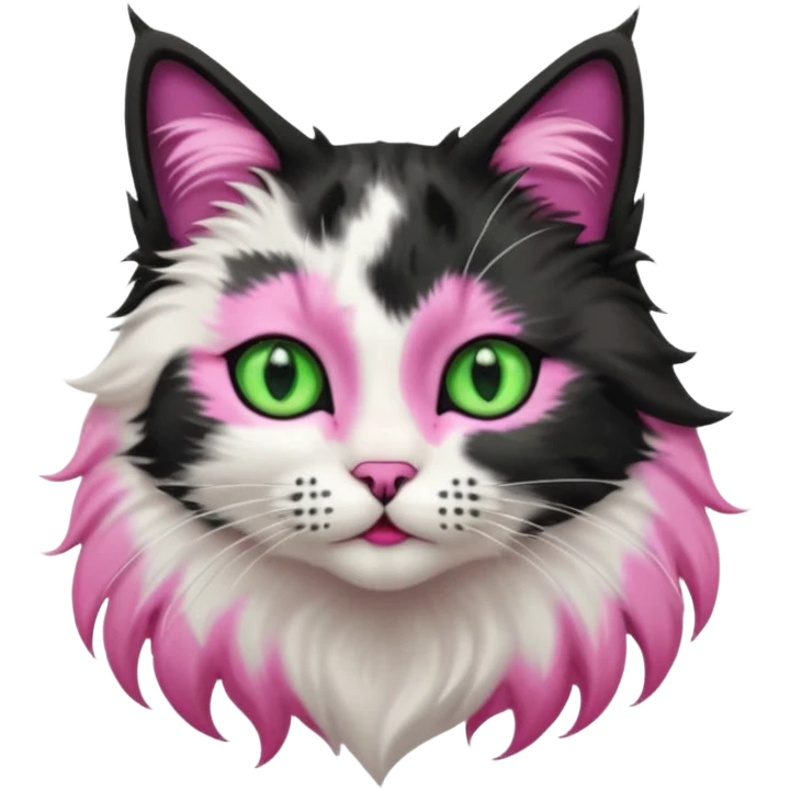 black and white long hair cat. green eyes. black nose and pink lips. black splotch in the shape of a star near nose (on the right side) emoji