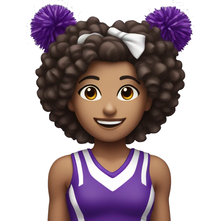 White-skin cheerleader with dark brown curly hair, cheering with two purple Pom poms emoji