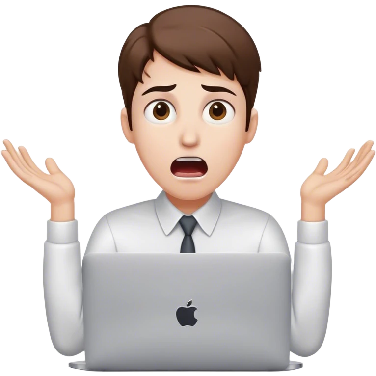An overwhelmed office worker at a MacBook, eyes wide open, mouth agape, sweat drops flying, hands on head in panic, with white skin and brown hair emoji