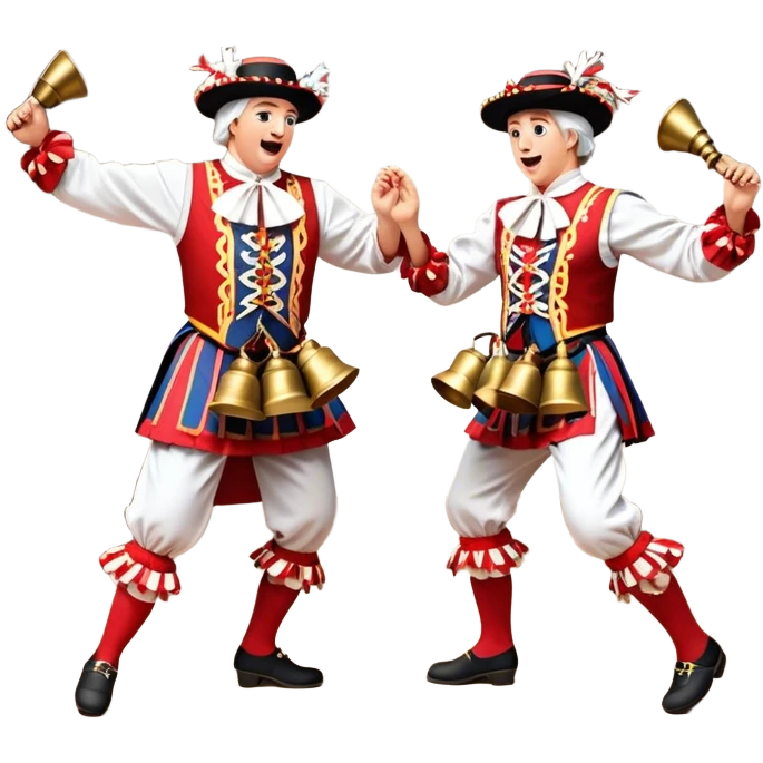 Cinematic Realistic scene of two performers executing a Morris Dance in full traditional costume—with bells, ribbons, and clogs—captured in dynamic motion against a rustic English backdrop and warm, golden lighting emoji