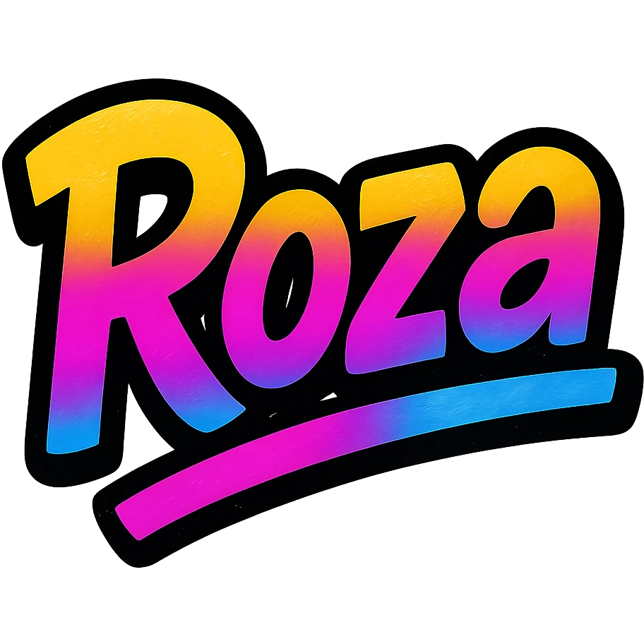 Roza name in modern colorful gradient font with dark outline, dynamic slanted or partial underline, transparent background, in the style of reference patterns emoji