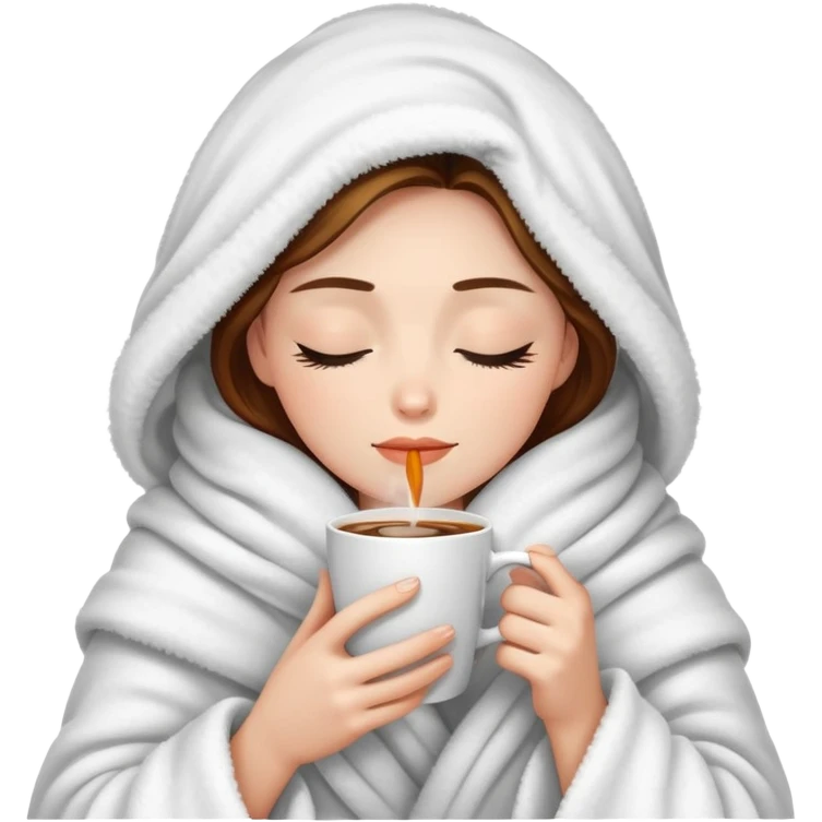 Woman wrapped inside a fluffy blanket sipping coffee with her eyes closed emoji