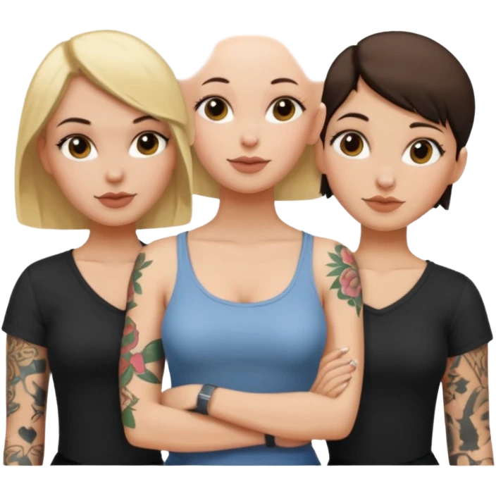 throuple blonde femaleand brunette female with bald tattooed emoji