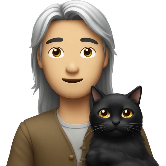 Long haired Asian man holding black cat emoji