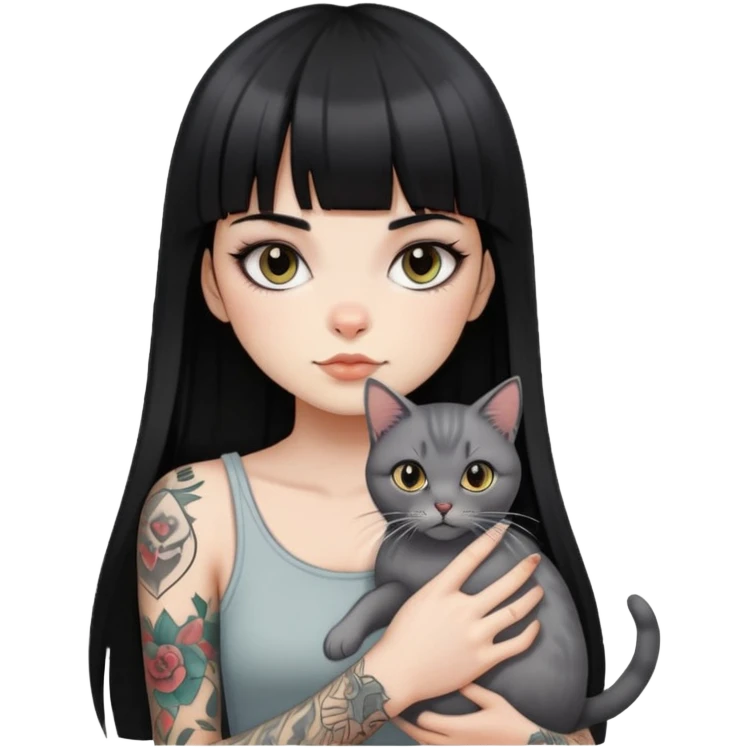 girl with long black  straight bangs hair and tattoos and a light grey-shared cat emoji