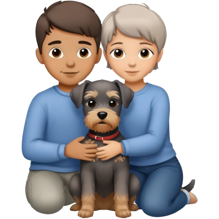 a boy and a shorthair girl hugs a Schnauzer emoji