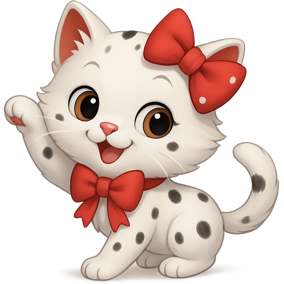 Make the kitty in a playful pose, keep it small, white with small black spots and a red bow, with no background. The style should be suitable for a small, cute cat illustration with no background. emoji