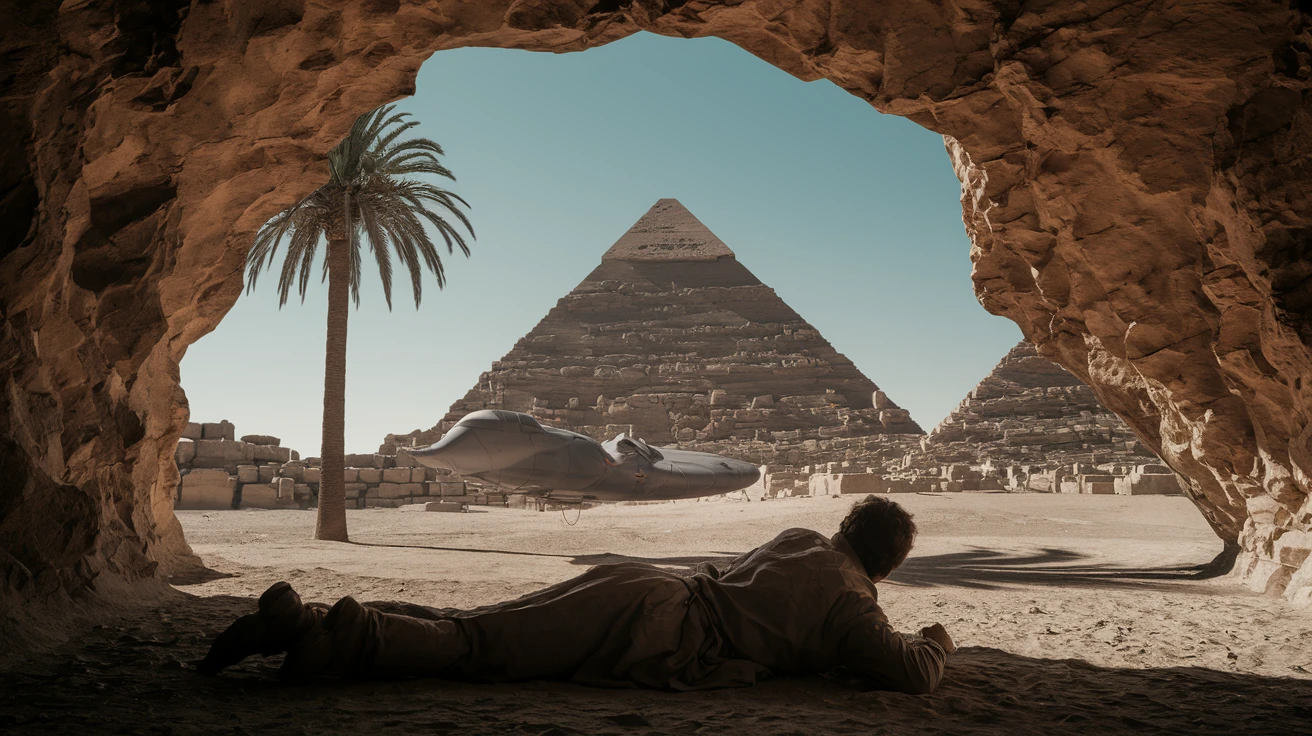 cinematic still, documentary photography, acient egypt, back shot of a man dress in ancient clothes in cave on ground laying front of small ufo starship, palms, dynamic scane, leading lines, captured by arri alexa, depth layers, piramids in babckground emoji