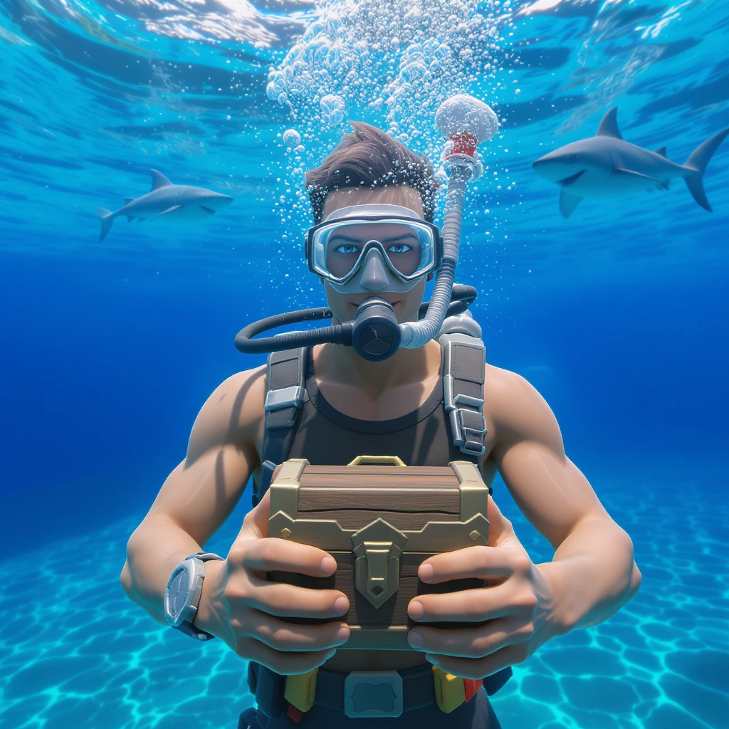 portrait, closeup, 3D, symmetrical, fortnite art style, diver holding chest underwater, happy shark swiming around him, blue crystal water, sunny day emoji