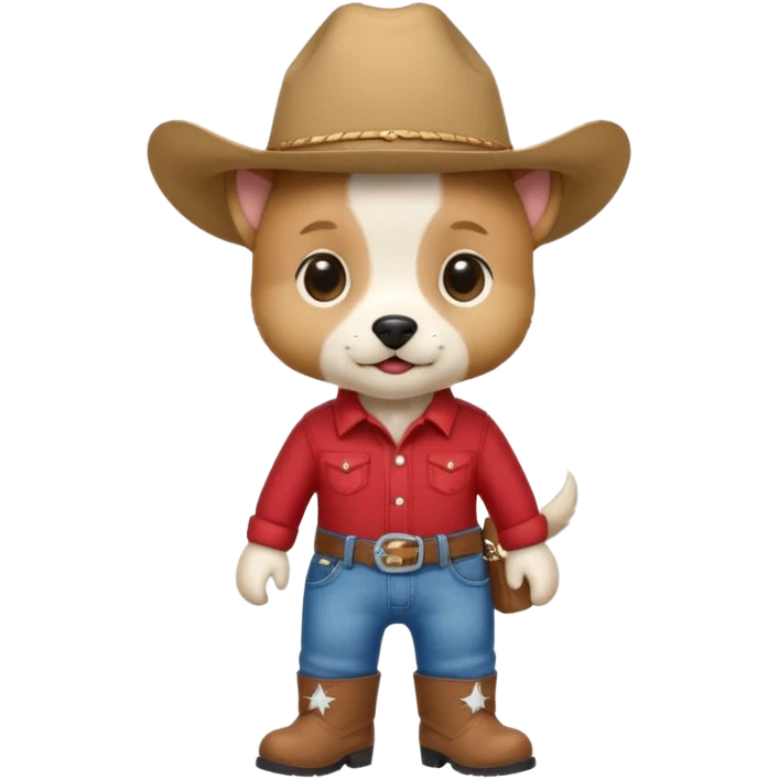Steampunk a very cute and adorable anthropomorphic puppy with a cowboy hat ,red shirt and blue jeans and white boots is walking  emoji