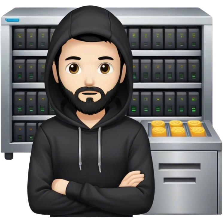 hackeur blanc cheveux noir barbe et capuche noir à côté d'un server emoji