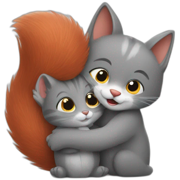 grey cat hugs a red squirrel emoji