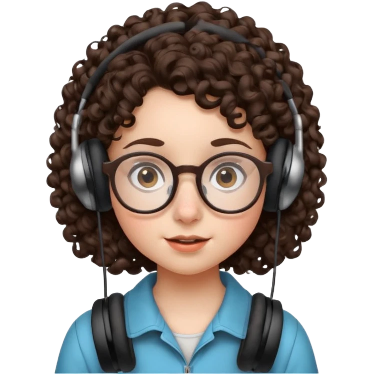 brunette kid with unique face features and very curly hair kid girl neutral and big glasess and big nose and dark eyes with freckles kind of nerd looking and headphone wearing emoji