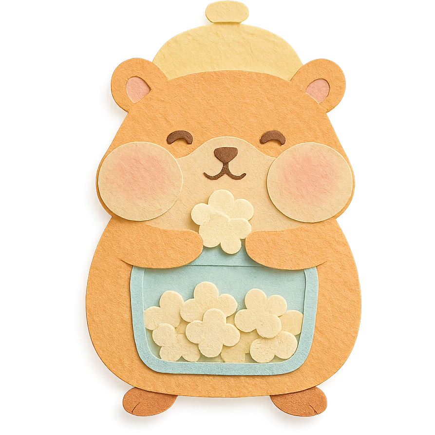 cute hamster-shaped popcorn machine, puffed cheeks, holding popcorn, soft pastel palette, full-body emoji