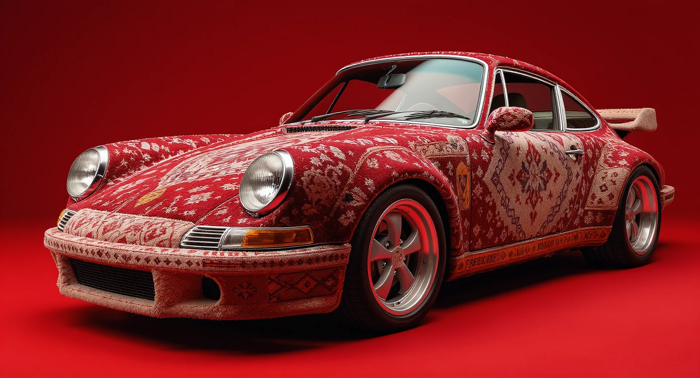 Closeup shot of a porsche 911, body of car made of russian carpet with patterns, red solid studio background, low keu light, top soft light, dutch angle,  captured by ARRI 65 emoji
